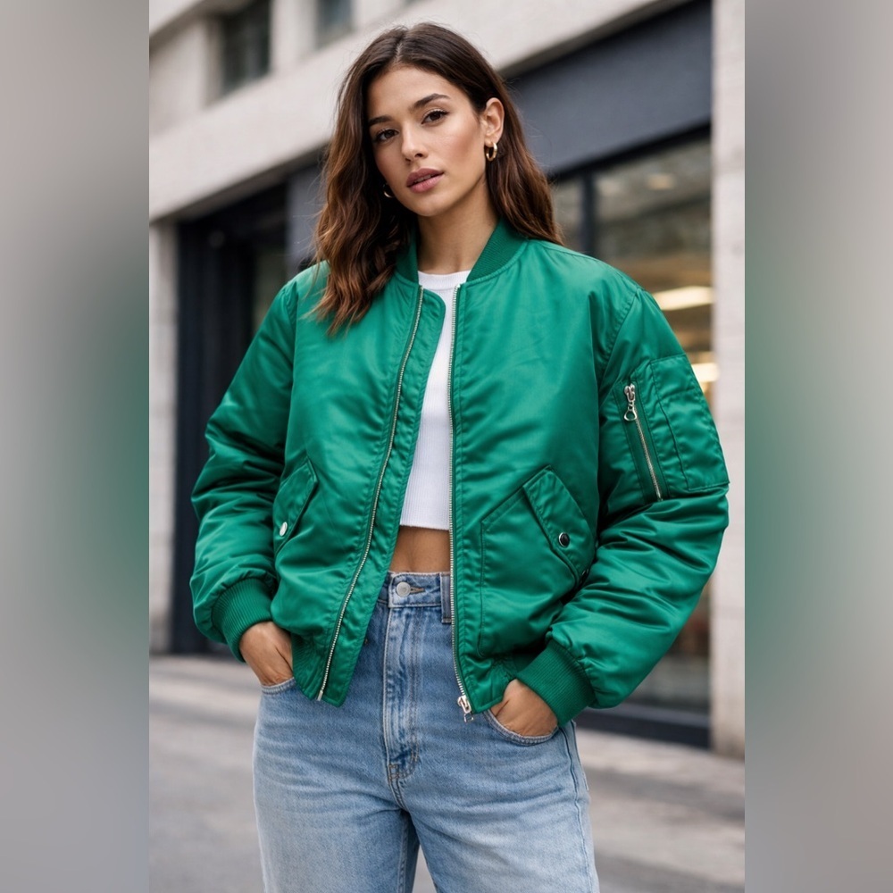 Miss Selfridge ruched sleeve bomber jacket bright green silver zipper size 4